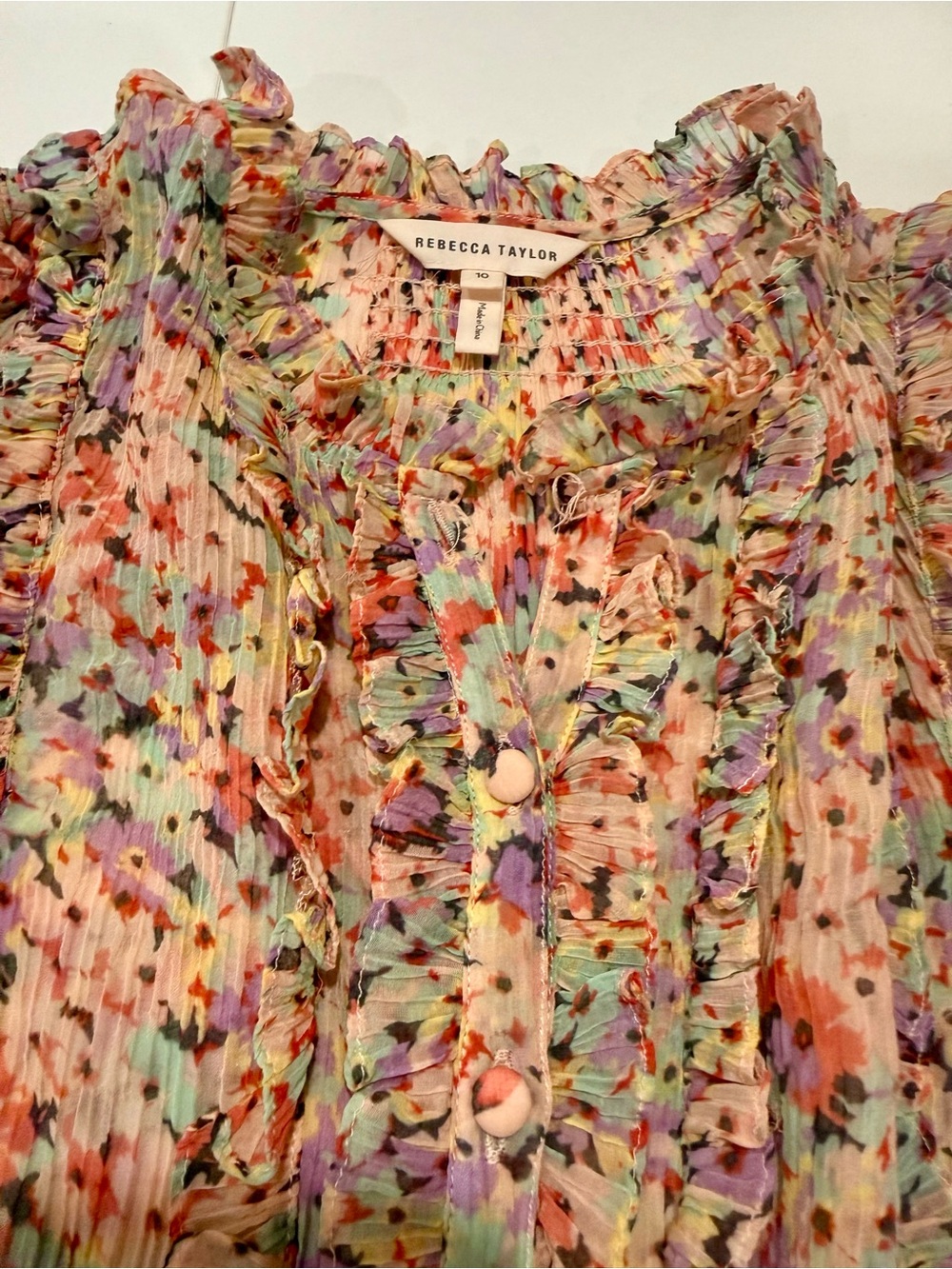 Rebecca Taylor Multicolor Floral Ruffle Pleated Button-Up Blouse Size 10